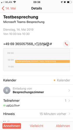 iOS-Kalender Ansicht Kalendereintrag mit Dirktwahlmöglichkeit unter iOS