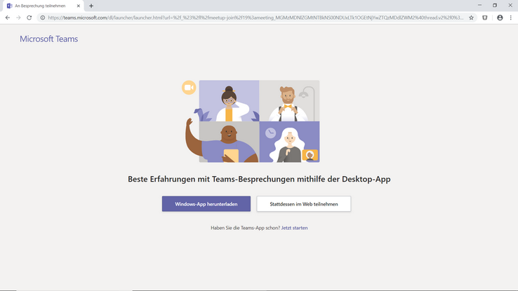 Auswahl zwischen Webclient und Teams-App